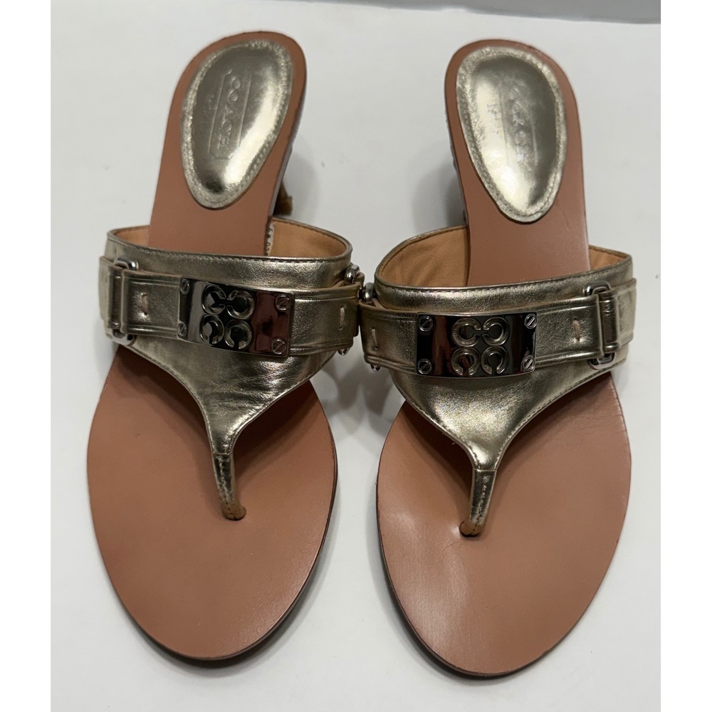 Coach Alberta Gold Metallic‎ Leather Kitten Heel Thong Sandals Womens 6B